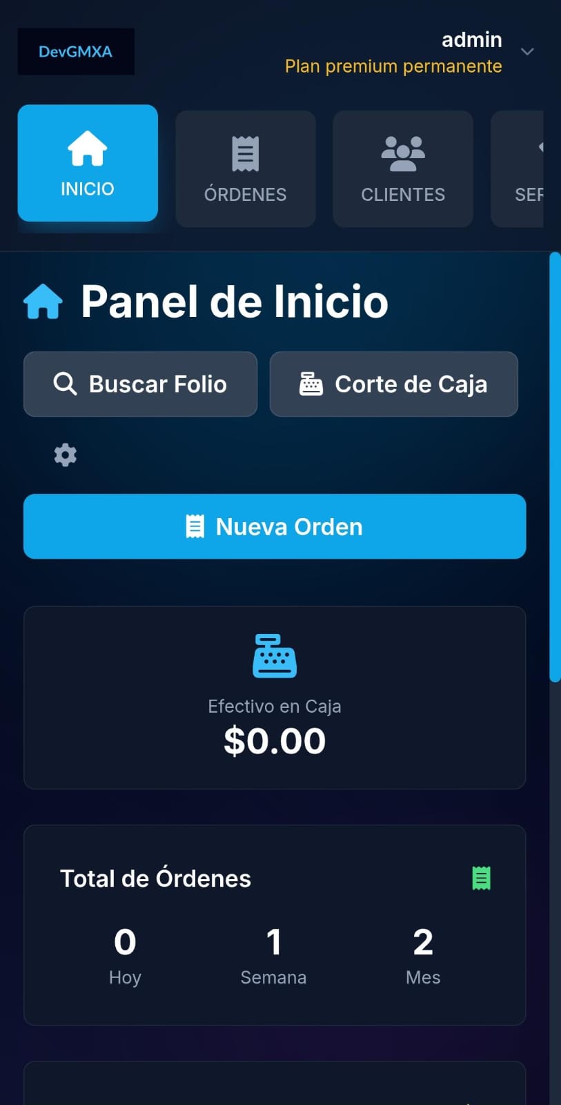 Panel de control DevGMXA en celular